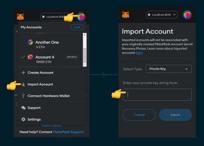 screenshot of metamask wallet showing to import account using private key