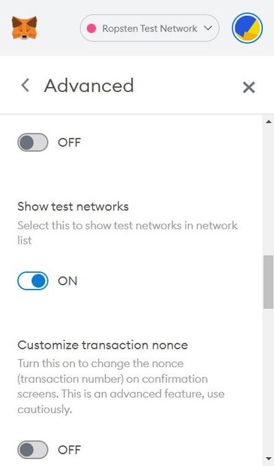 screenshot of Metamask wallet, which shows the toggle button to turn on test networks