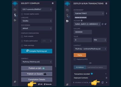 showing to copy ABI code from 'solidity compiler' tab and contract address from 'deploy and run transactions' tab of remix ide